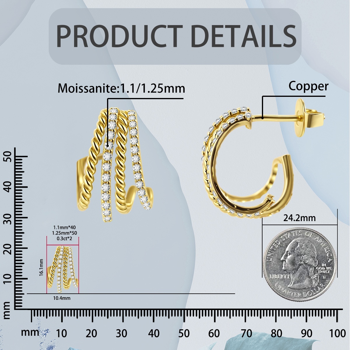 Urban Layers Huggies Earrings Golden Twist Hoop Earrings Synthetic Moissanite Earrings Jewelry Copper Studs