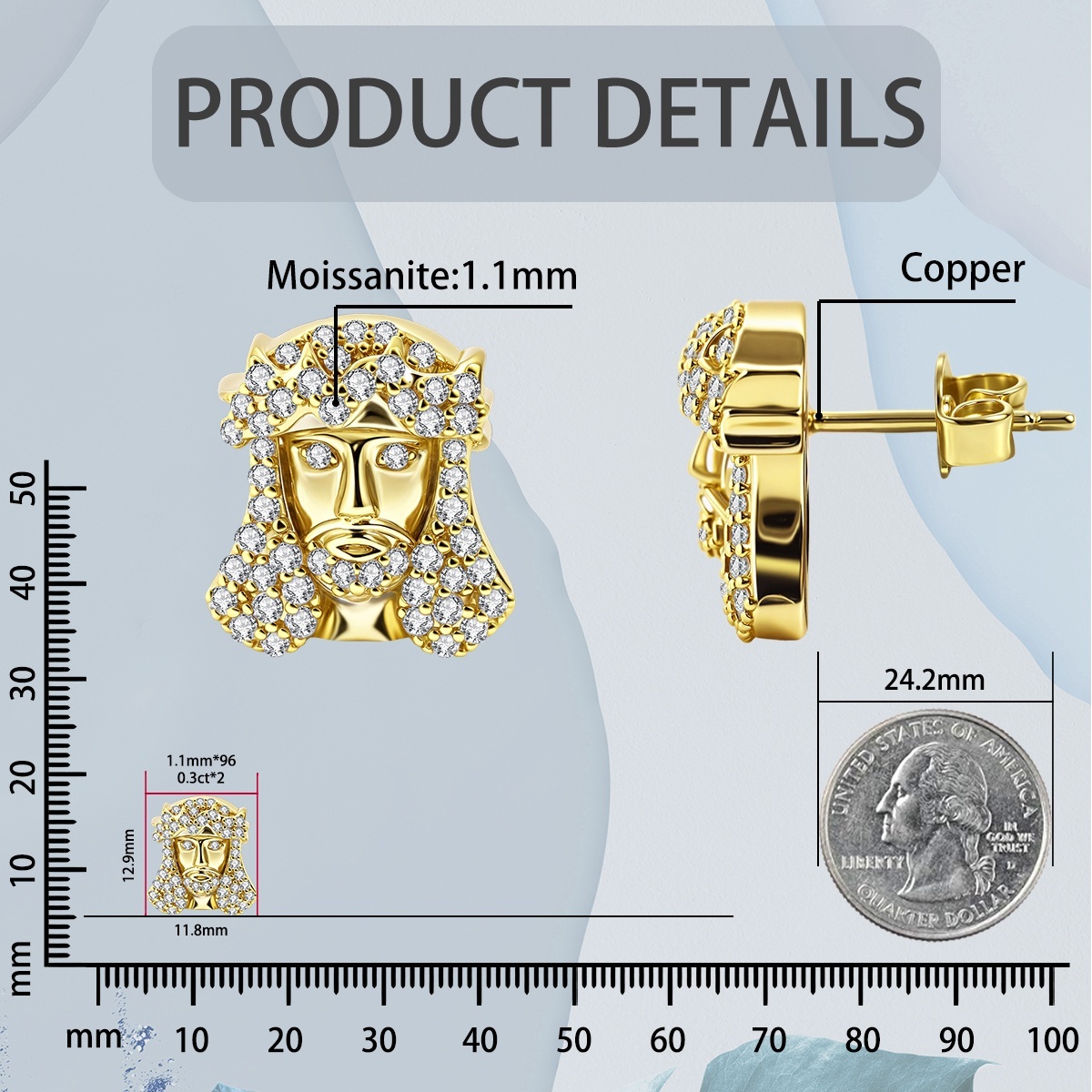 Divine Sparkle Iced Messiah Stud Earrings Unisex Hip Hop Jesus Head Earrings Synthetic Moissanite Earrings Copper Studs