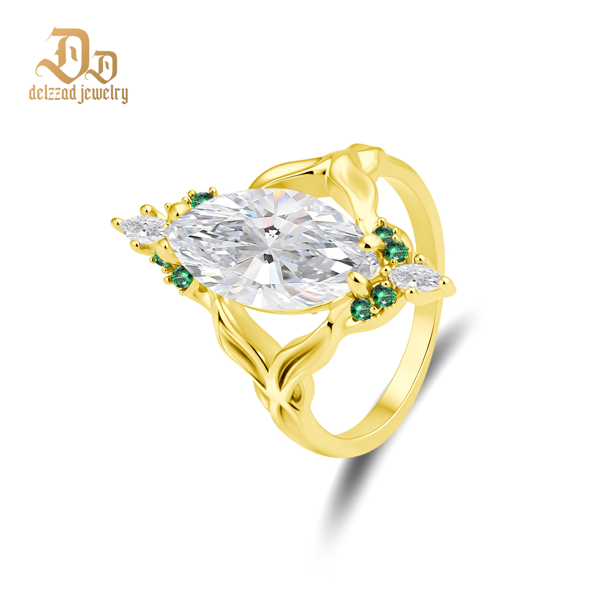 14K Gold-Plated 5ct The Forest Nymph Ring Band Marquise Cut VVS Synthetic Moissanite Ring Jewelry