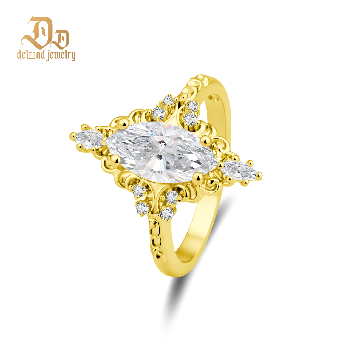 14K Gold-Plated 2.3ct The Versailles Marquise Ring Whispering Scrolls Band Ring VVS Synthetic Moissanite Ring Jewelry