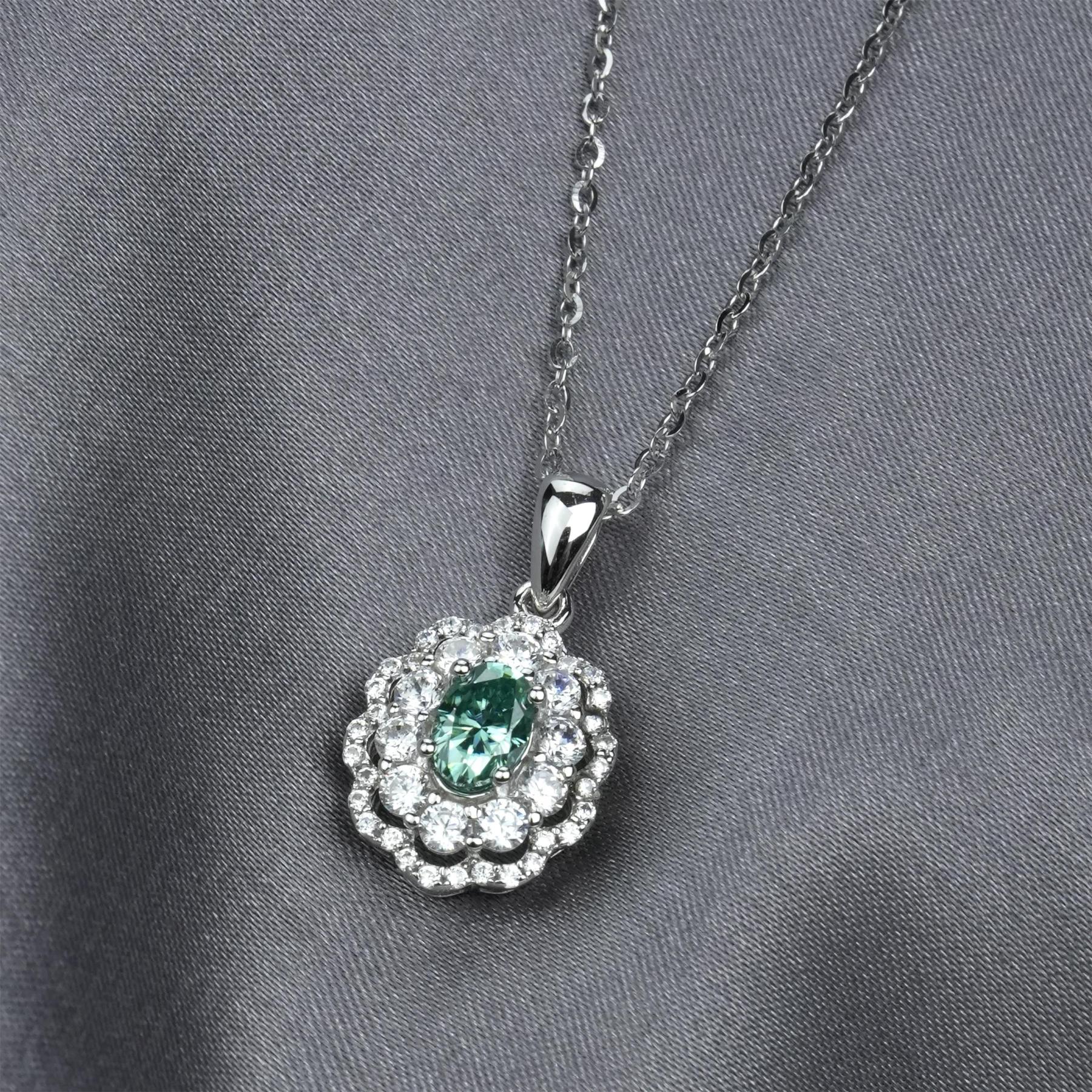 0.5ct Green Ripple Pendant Necklace Oval Synthetic Moissanite Necklace S925 Chain