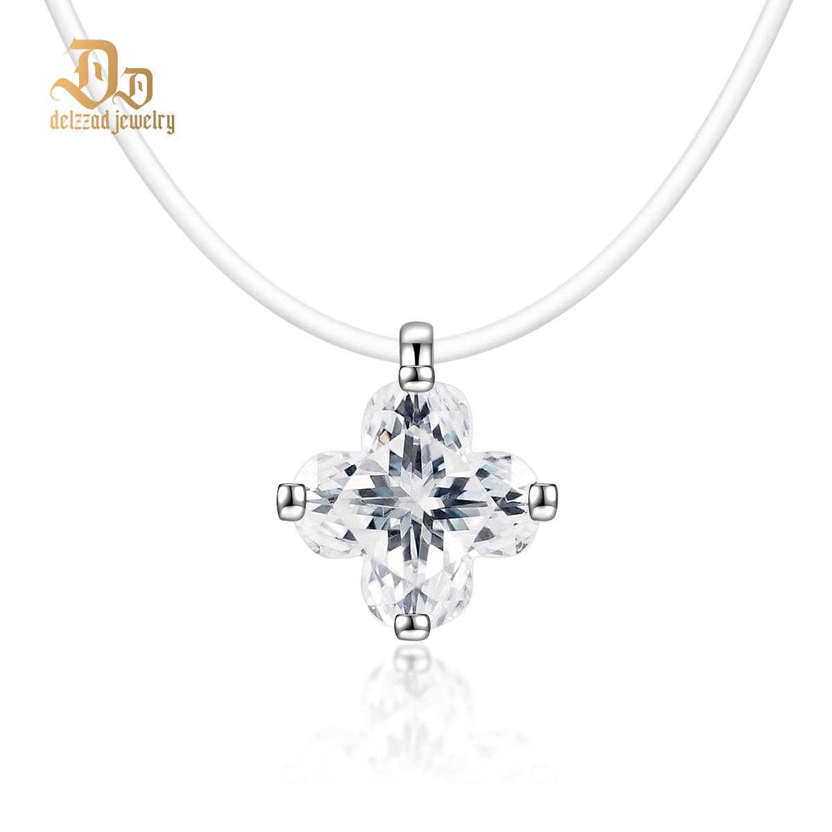Delzzad 1ct Charming Clover Cut Pendant Necklace Fishing Line Chain Lab-Created Moissanite Necklace S925 Sterling Silver Moissanite Jewelry Engagement Wedding Anniversary Perfect Gifts