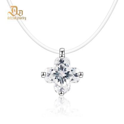 Delzzad 1ct Charming Clover Cut Pendant Necklace Fishing Line Chain Lab-Created Moissanite Necklace S925 Sterling Silver Moissanite Jewelry Engagement Wedding Anniversary Perfect Gifts