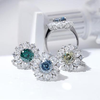 Delzzad 3ct Hundreds Faces Round Synthetic Moissanite Flower Ring In 925 Sterling Silver