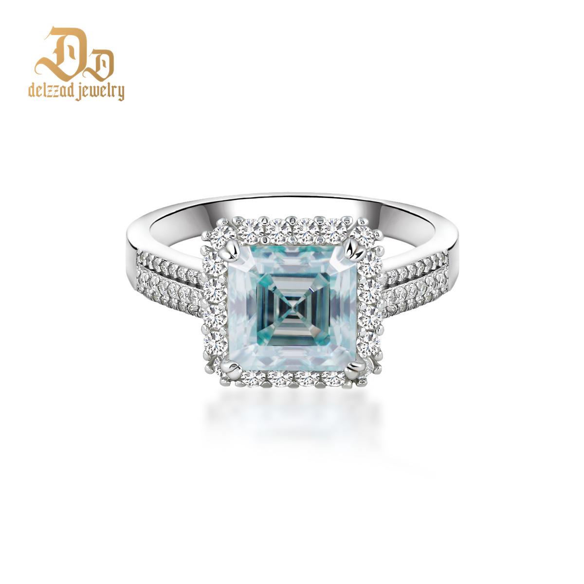 Delzzad 2.5ct Paraiba Asscher Synthetic Moissanite Halo Ring S925 Ring Band Jewelry Perfect Birthday Engagement Wedding Anniversary Gift