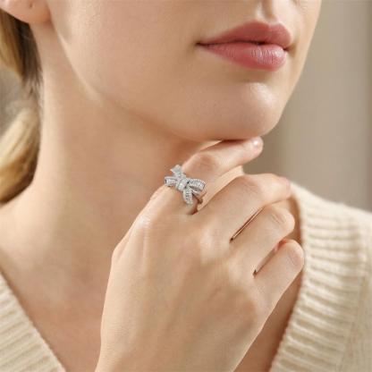 0.8ct Midnight Coquille Ring Luxury Bow Ring Baguette Cut Engagement Ring Ribbon Design VVS Synthetic Moissanite Ring S925 Band