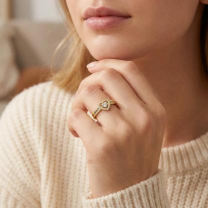 Halo Heart Cut Ring Set Heart Pair Stacking Ring Band D Color VVS Synthetic Moissanite Ring Jewelry Copper Band Wedding Band Engagement Ring Set Promise Ring