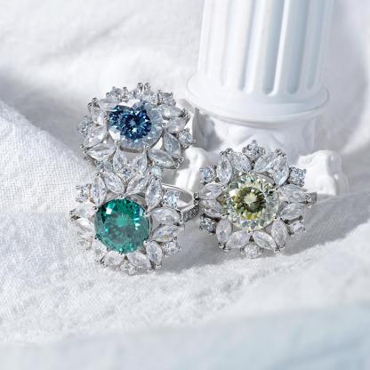 Delzzad 3ct Hundreds Faces Round Synthetic Moissanite Flower Ring In 925 Sterling Silver