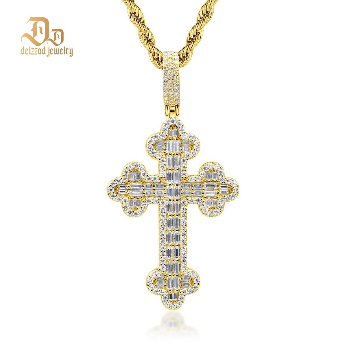 Delzzad S925 VVS Synthetic Moissanite Exquisite Hip Hop Punk Bling Cross Pendant Necklace Valentine's Day Anniversary Gift
