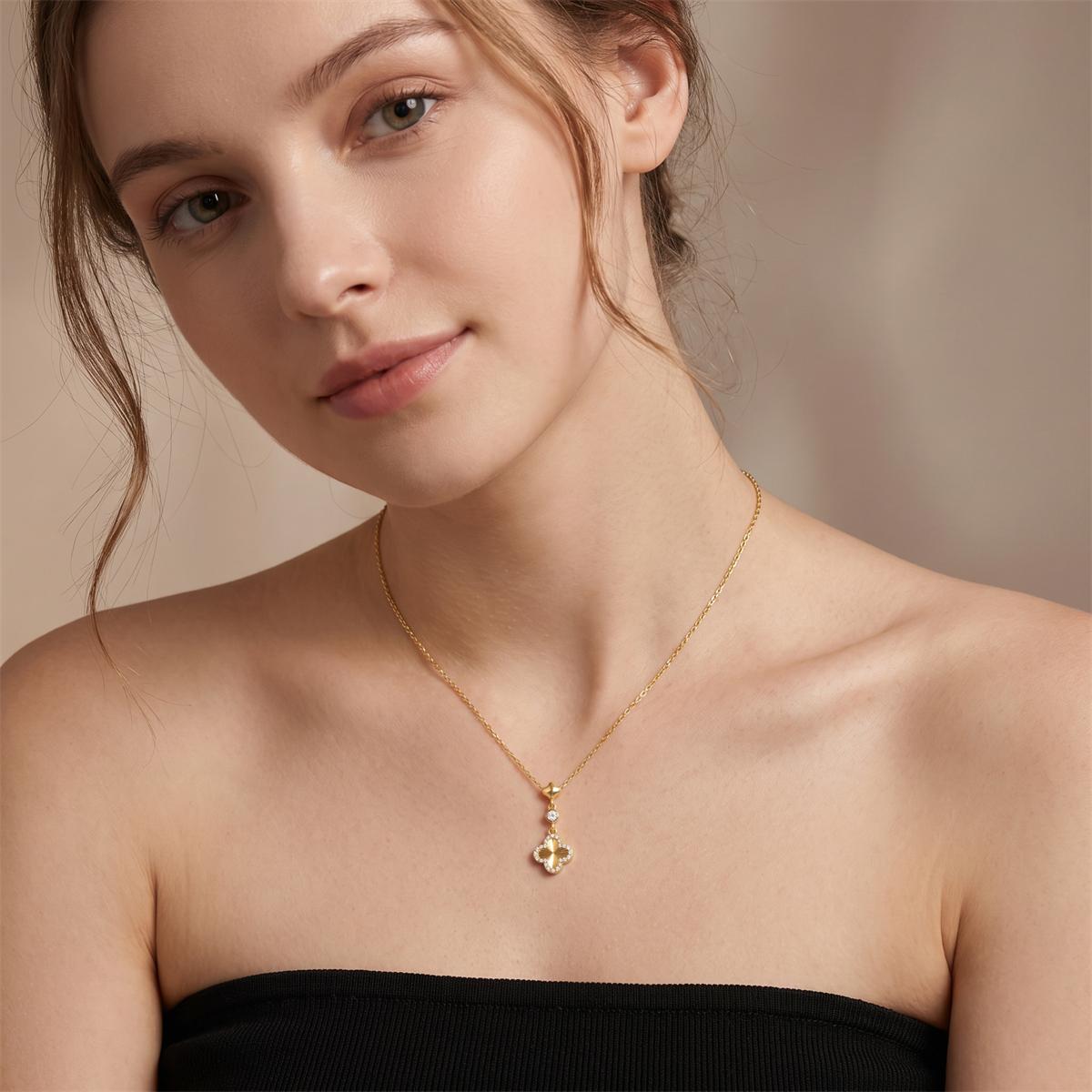 【Aura of Solis】Delzzad Halo Clover Necklace Four-Leaf Dangle Earrings VVS Synthetic Moissanite Pendant Earrings Jewelry Set Copper Chain