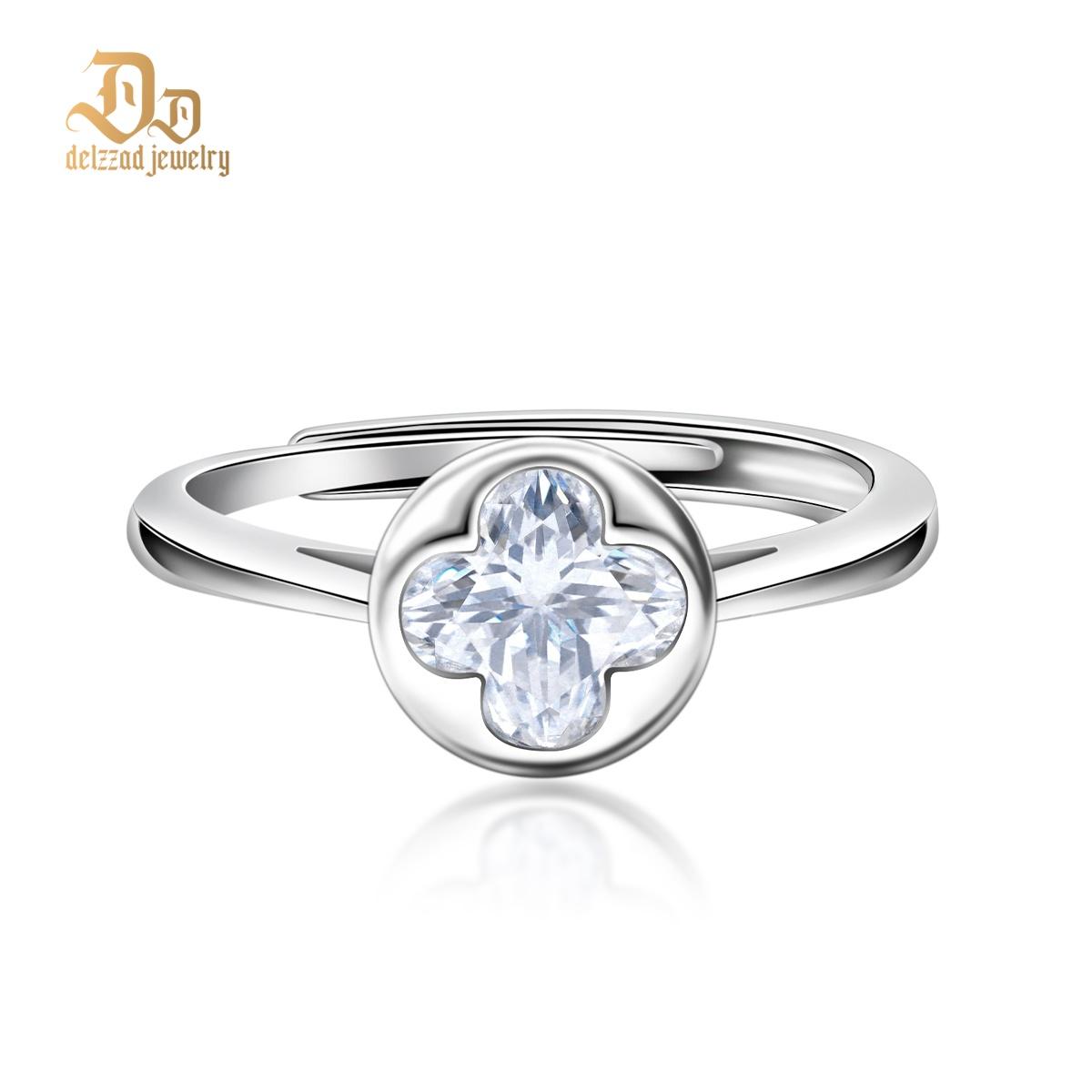 Delzzad 1ct Adjustable Four-Leaf Clover Blossom Ring Lab-Created Moissanite Engagement Ring S925 Sterling Silver Moissanite Jewelry Perfect Gift