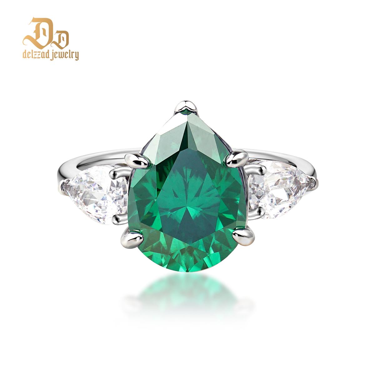 Delzzad 6ct Pear Synthetic Moissanite Three Stones Ring In 925 Sterling Silver