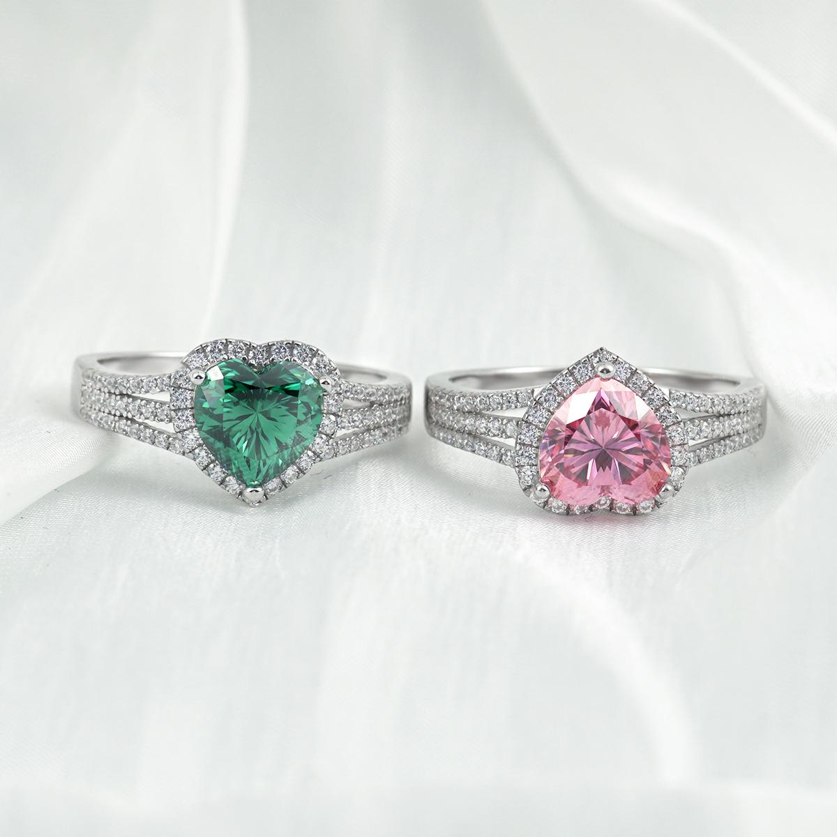 Delzzad 2ct Sparkling Heart Halo Split Ring Synthetic Moissanite S925 Love Ring Band Jewelry for Women Girls