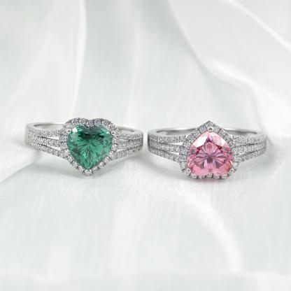 Delzzad 2ct Sparkling Heart Halo Split Ring Synthetic Moissanite S925 Love Ring Band Jewelry for Women Girls