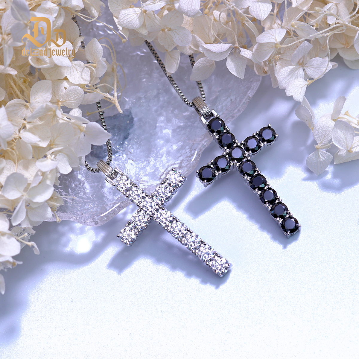 Delzzad s925 6ct Black White Synthetic Moissanite Cross Necklace St Valentine's Day Gifts for Men Women