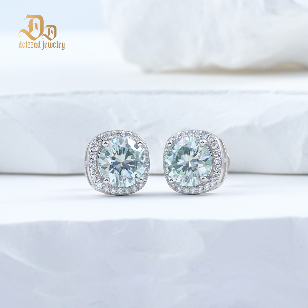 Delzzad S925 Synthetic Moissanite Colored Halo Square Stud Earrings St Valentine's Day Christmas Birthday Gift For Men Women