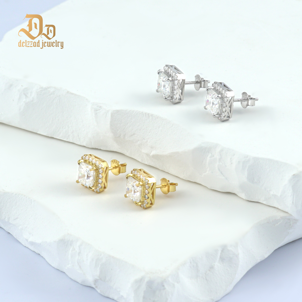 Delzzad Princess Cut Synthetic Moissanite Stud Earrings Stocking Stuffers Christmas Gifts for Men Women