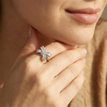 0.8ct Midnight Coquille Ring Luxury Bow Ring Baguette Cut Engagement Ring Ribbon Design VVS Synthetic Moissanite Ring S925 Band