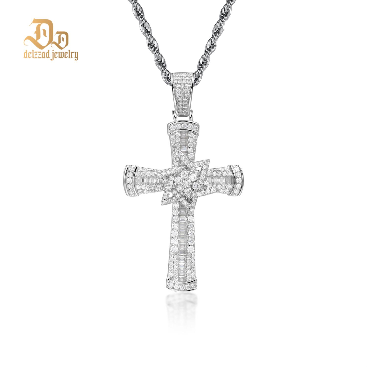 Delzzad S925 3ct VVS Synthetic Moissanite Exquisite Cross Rotatable Pentagram Pendant Necklace Birthday Anniversary Gift