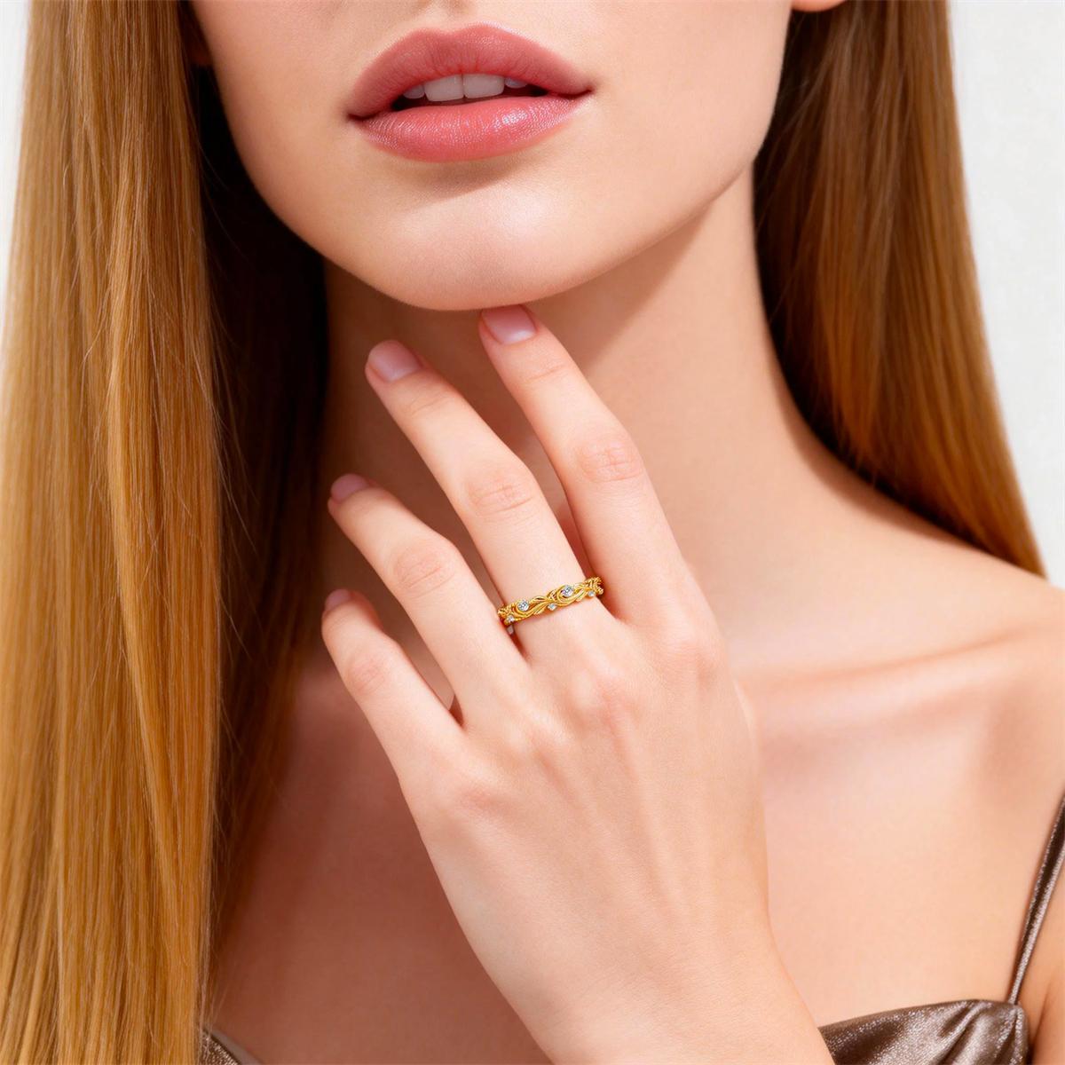 Delzzad Golden Vine Eternity Ring Floral Band Engagement Ring Synthetic Moissanite Band Ring Jewelry S925 Band