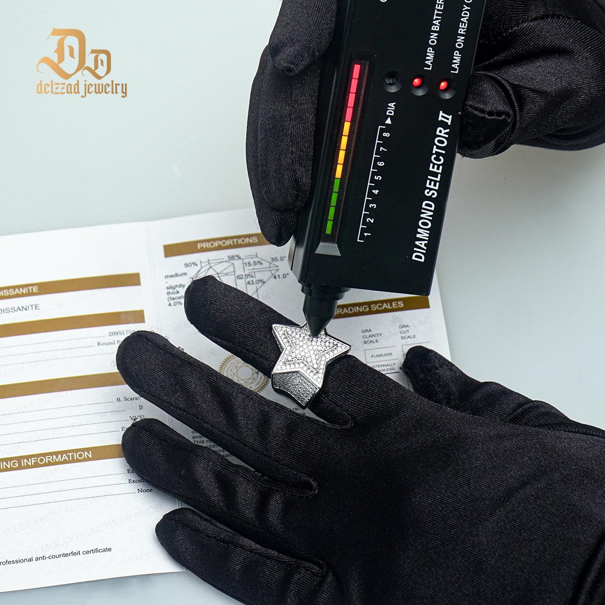 Delzzad S925 Round VVS Synthetic Moissanite Hip Hop Iced Out Stars Bling Pentagram Band Ring Valentine's Day Gifts for Men