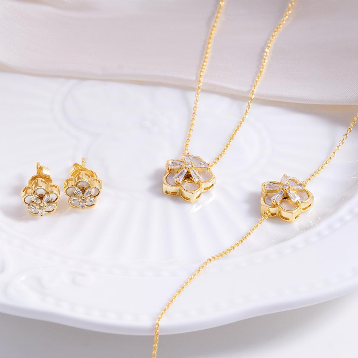 Delzzad The Bloom Sonata Set Flower Stud Earrings Blossom Necklace Flower Bracelet Zirconia Jewelry Set Copper