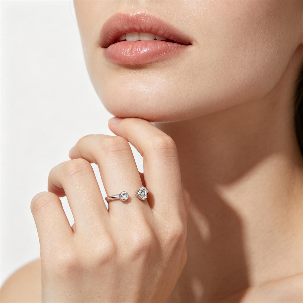 Delzzad 0.3ct The Whimsical Duo Open Ring Adjustable Heart Ring Band VVS Synthetic Moissanite Ring Jewelry Copper Band