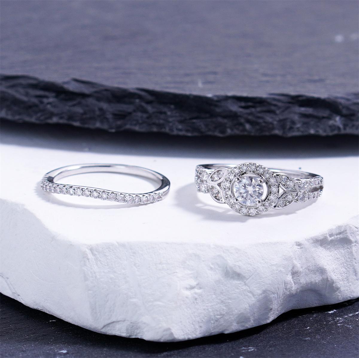 Delzzad 1.1ct A Galaxy for My Star Ring Vintage Bridal Set Halo Wedding Band Ring VVS Synthetic Moissanite Ring Jewelry Copper Band