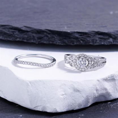 Delzzad 1.1ct A Galaxy for My Star Ring Vintage Bridal Set Halo Wedding Band Ring VVS Synthetic Moissanite Ring Jewelry Copper Band