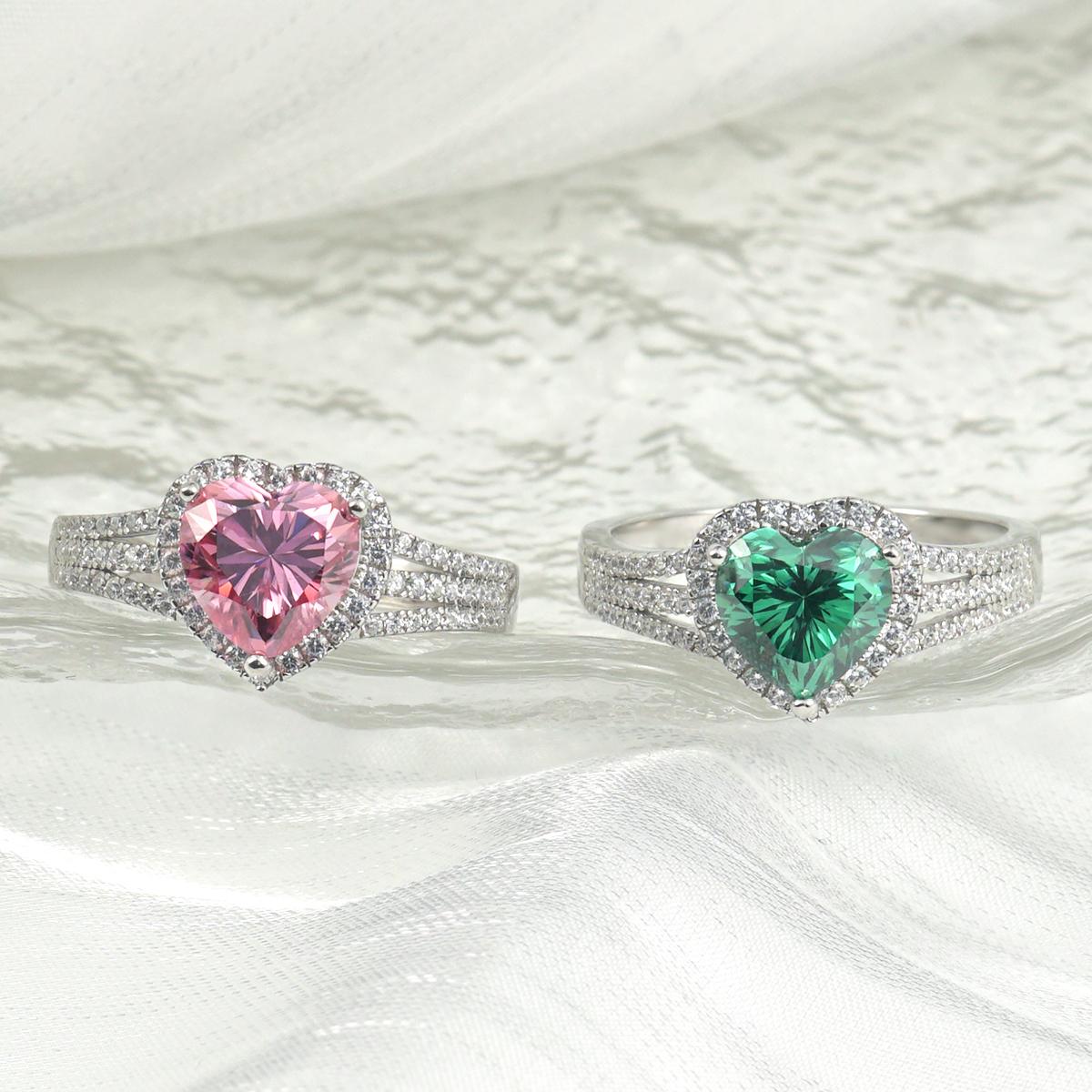 Delzzad 2ct Sparkling Heart Halo Split Ring Synthetic Moissanite S925 Love Ring Band Jewelry for Women Girls