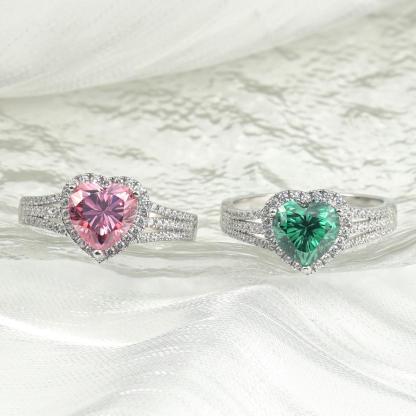 Delzzad 2ct Sparkling Heart Halo Split Ring Synthetic Moissanite S925 Love Ring Band Jewelry for Women Girls