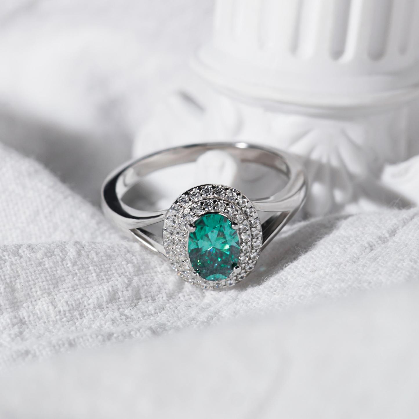 Delzzad 1ct Oval Synthetic Moissanite Double Halo Ring In 925 Sterling Silver Ring Band Jewelry Perfect Birthday Engagement Wedding Anniversary Gift for Women