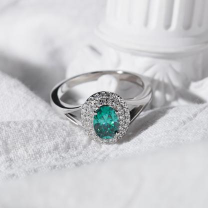 Delzzad 1ct Oval Synthetic Moissanite Double Halo Ring In 925 Sterling Silver Ring Band Jewelry Perfect Birthday Engagement Wedding Anniversary Gift for Women