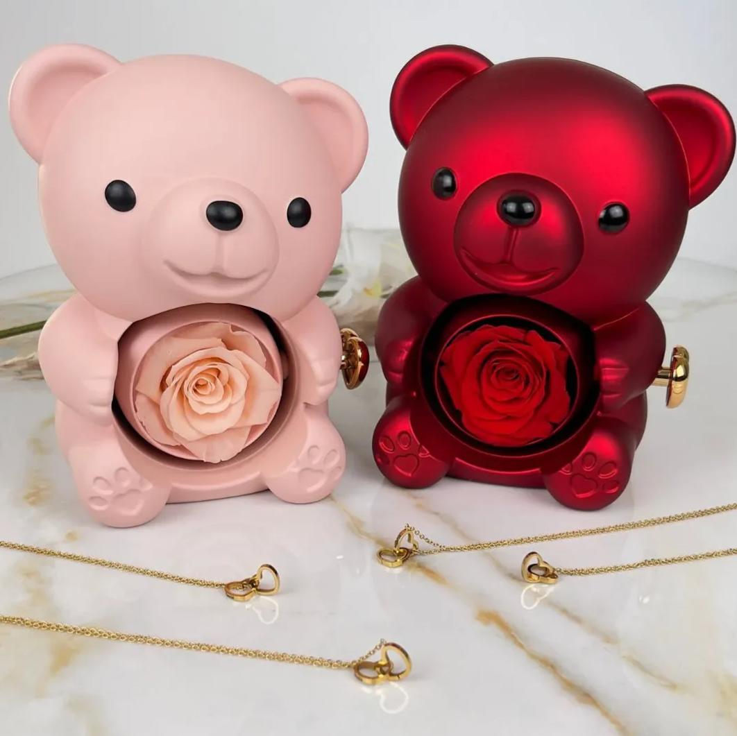 Delzzad Romantic Eternal Rose Cute Hug Bear Jewelry Box - Perfect Valentine's Day Christmas Gift for Her