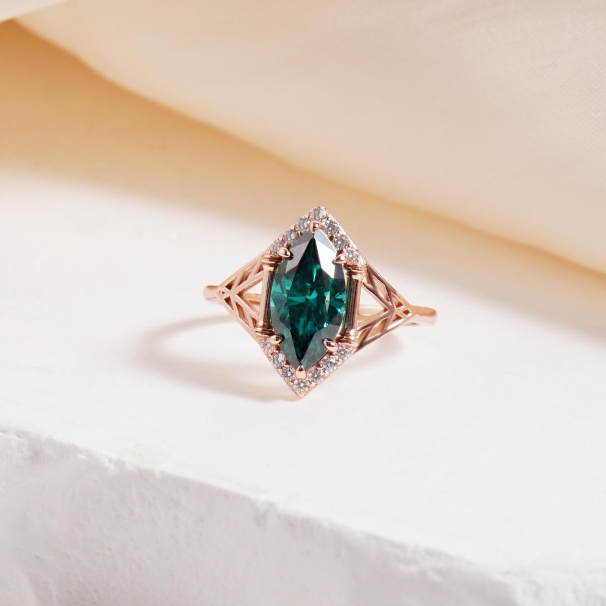 Delzzad 2ct Sparkle Halo Ring Marquise Cut Engagement Ring Synthetic Moissanite Ring Jewelry S925 Green Bliss Ring Perfect Birthday Engagement Wedding Anniversary Christmas Gift