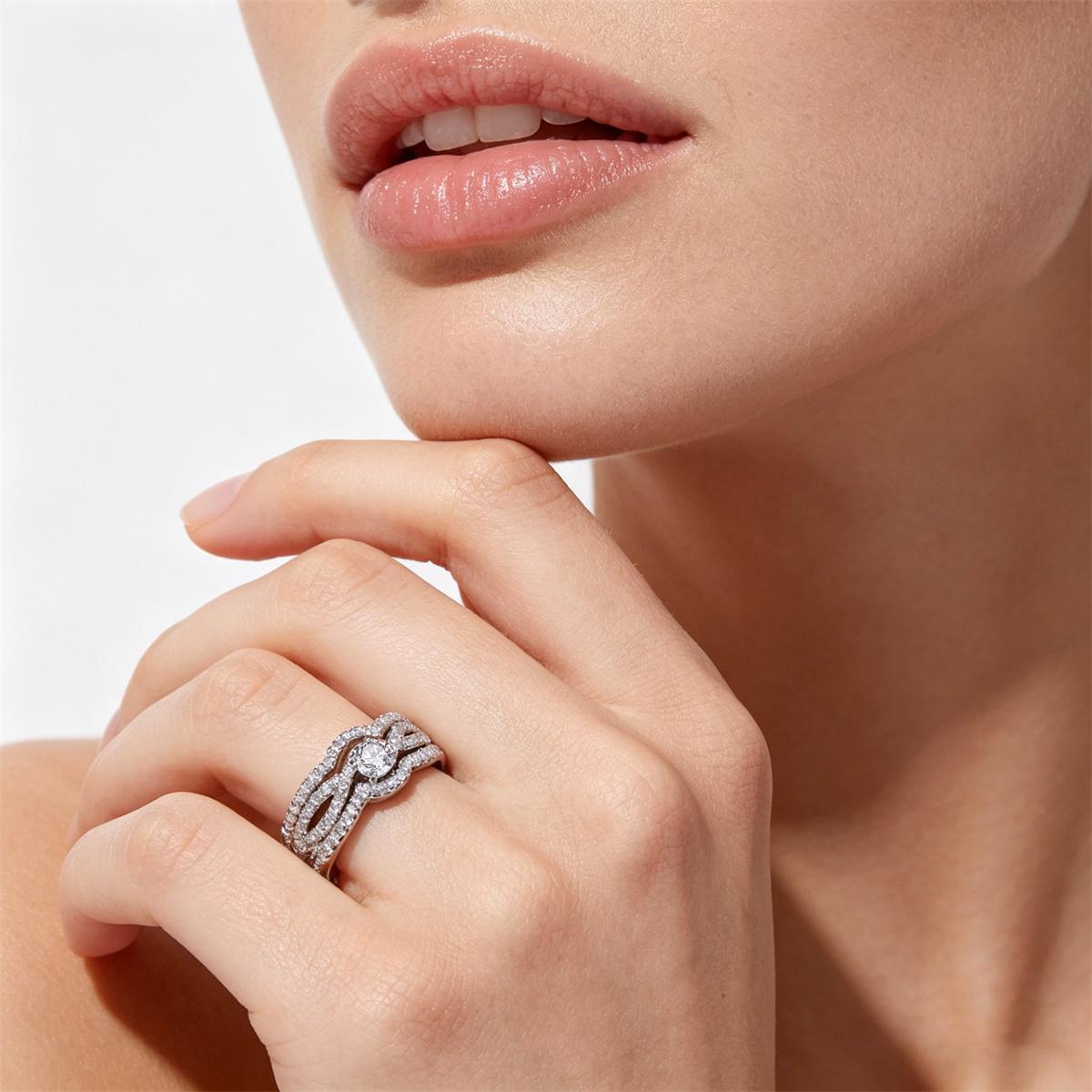Delzzad 0.9ct The River of Destiny Ring Bridal Wedding Engagement Ring Band VVS Synthetic Moissanite Ring Jewelry Copper Band