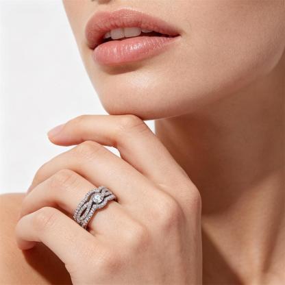 Delzzad 0.9ct The River of Destiny Ring Bridal Wedding Engagement Ring Band VVS Synthetic Moissanite Ring Jewelry Copper Band