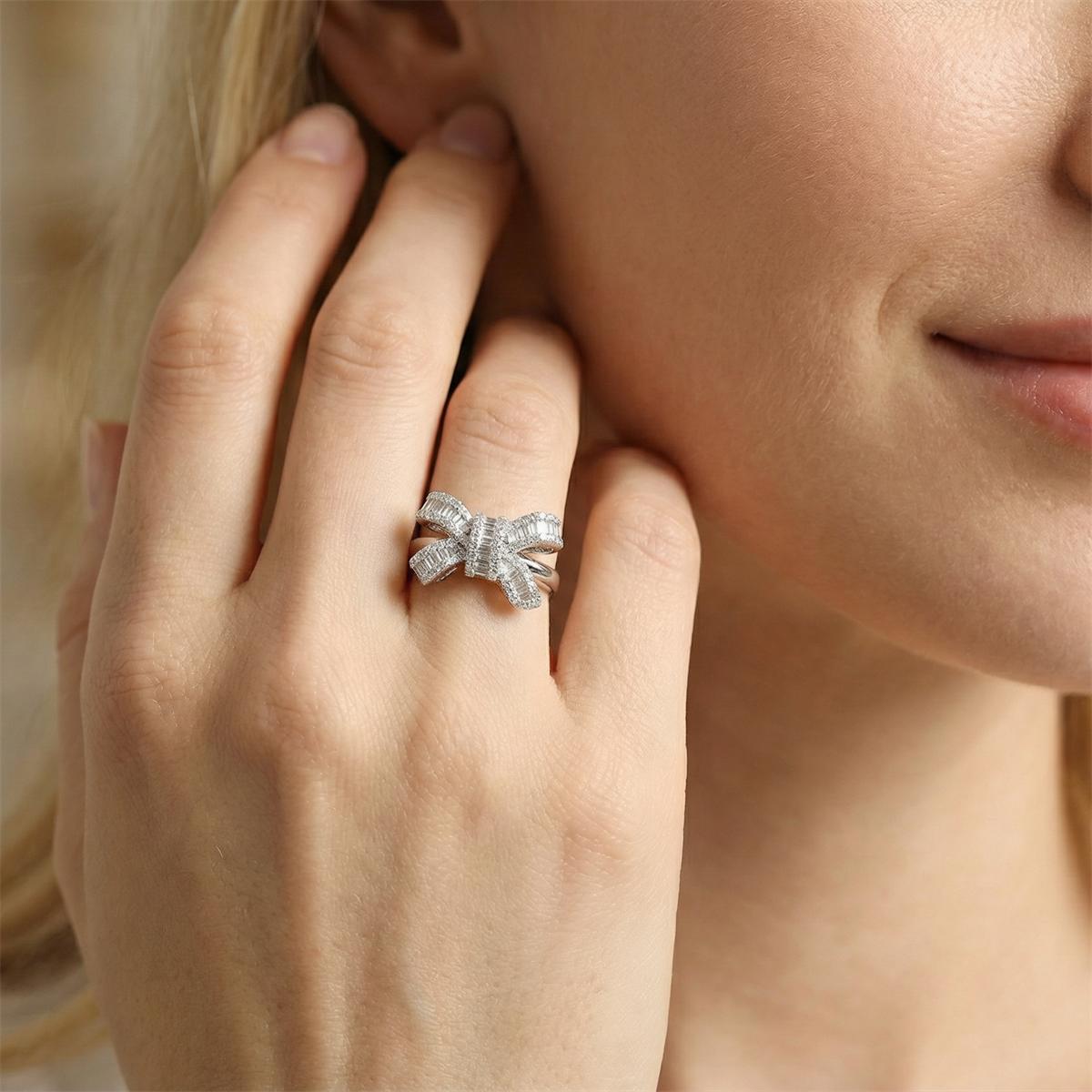 0.8ct Midnight Coquille Ring Luxury Bow Ring Baguette Cut Engagement Ring Ribbon Design VVS Synthetic Moissanite Ring S925 Band