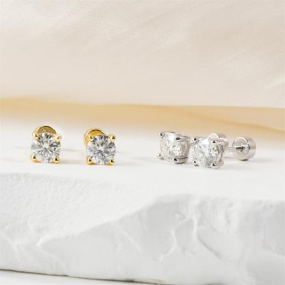 Parallel Dream Solitaire Four-Prong Stud Earrings Flat Back Earrings Screw-on Synthetic Moissanite Earrings Jewelry S925 Sterling Silver Studs