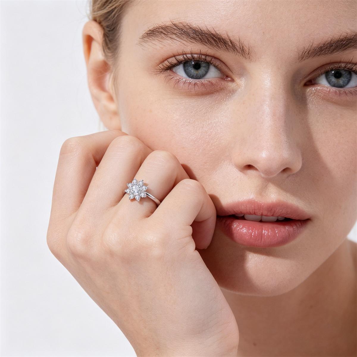 Delzzad 1ct Solstice Bloom Ring Flower Cluster Ring Floral Halo Engagement Ring Band VVS Synthetic Moissanite Ring Jewelry Copper Band