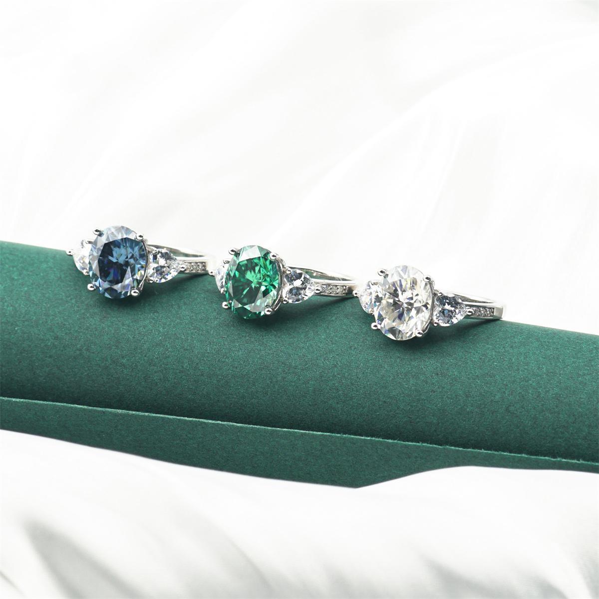 Delzzad 5ct Oval Synthetic Moissanite Three Stones Ring In 925 Sterling Silver