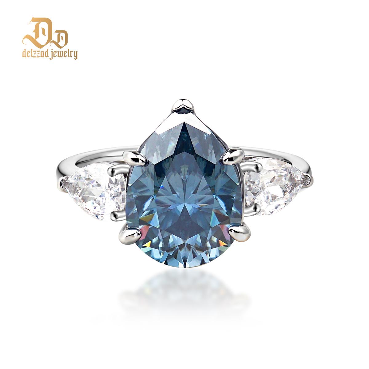 Delzzad 6ct Pear Synthetic Moissanite Three Stones Ring In 925 Sterling Silver