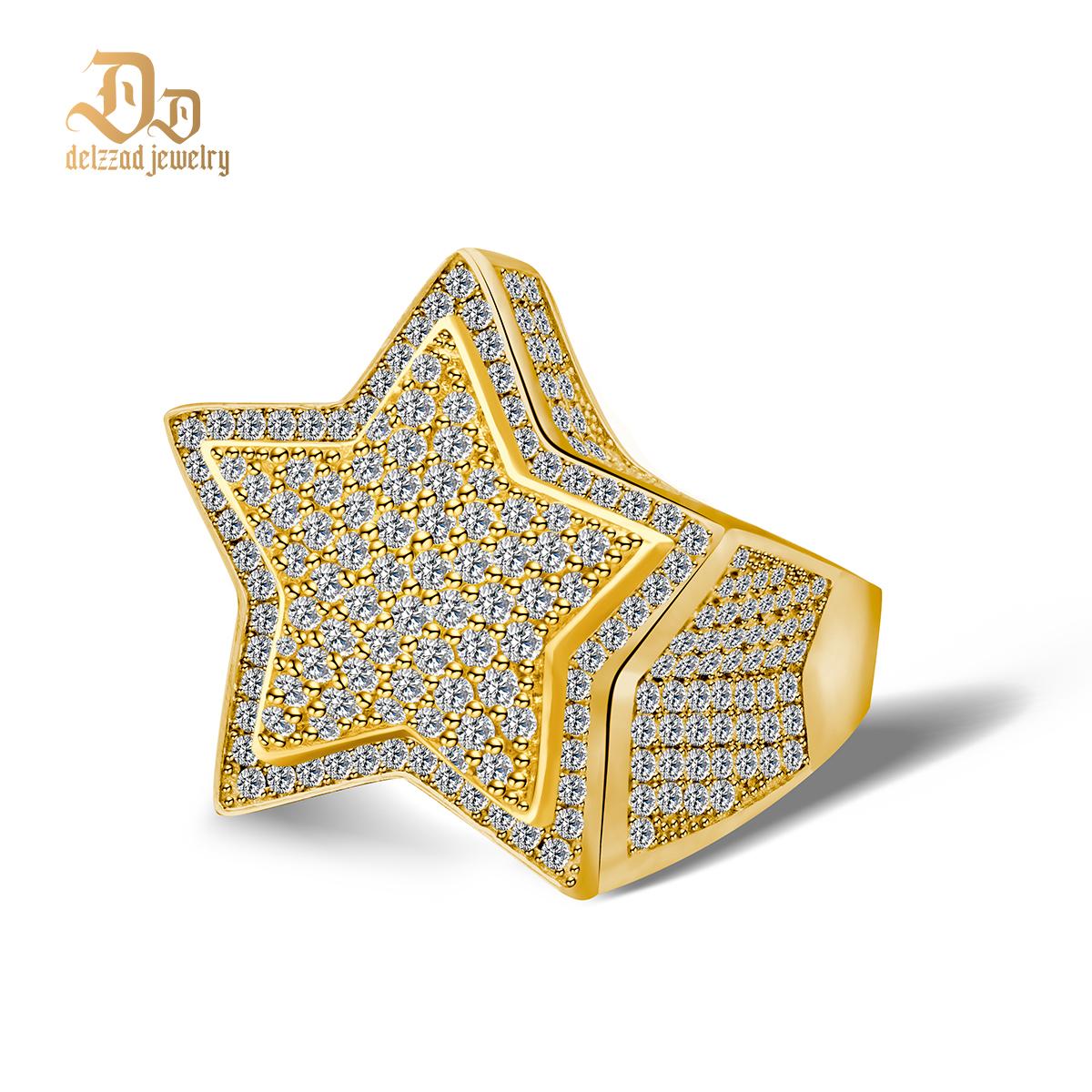 Delzzad S925 Round VVS Synthetic Moissanite Hip Hop Iced Out Stars Bling Pentagram Band Ring Valentine's Day Gifts for Men