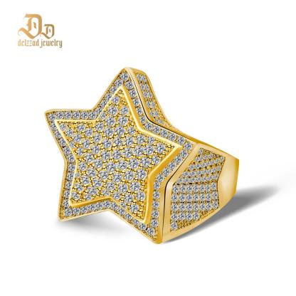 Delzzad S925 Round VVS Synthetic Moissanite Hip Hop Iced Out Stars Bling Pentagram Band Ring Valentine's Day Gifts for Men