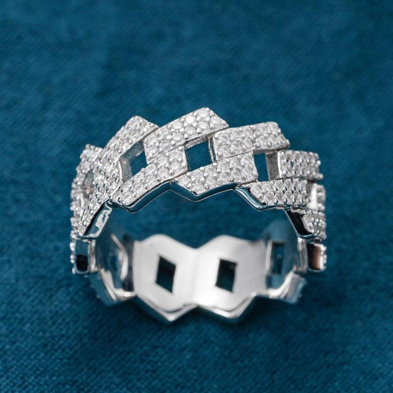 Moissanite CZ Iced Prong Cuban Ring 2-Row Cuban Link Ring  14K GOLD