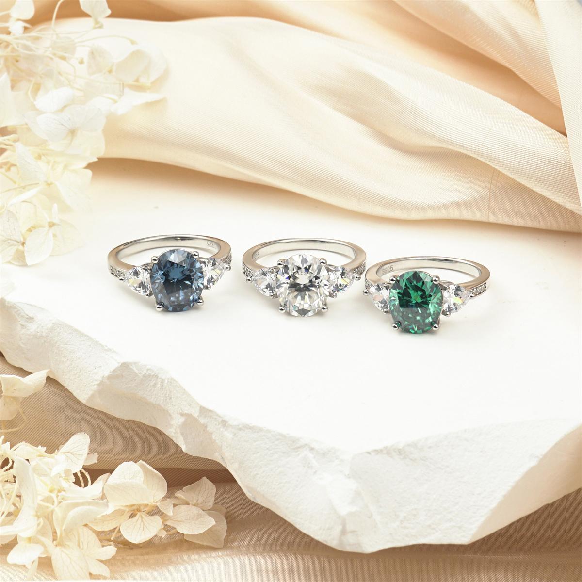 Delzzad 5ct Oval Synthetic Moissanite Three Stones Ring In 925 Sterling Silver