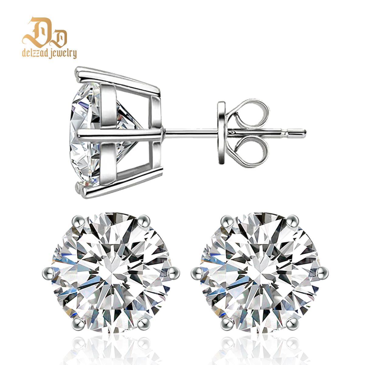 Delzzad S925 0.1-4ct Round Synthetic Moissanite Six Prong Solitaire Stud Earring Valentine's Day Gifts for Men Women