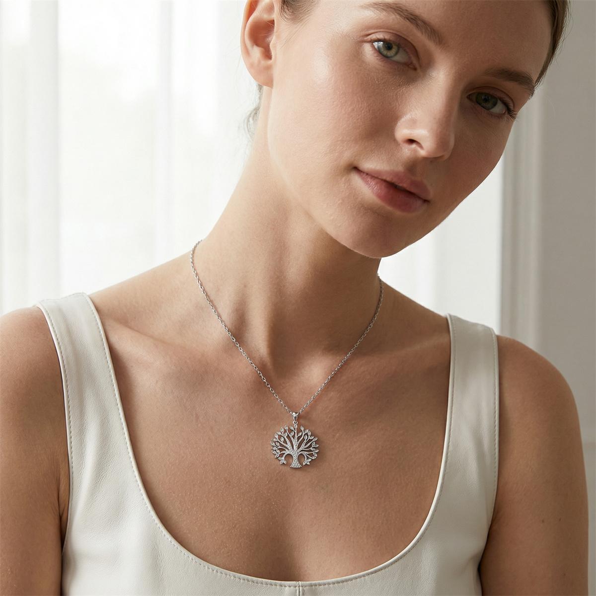 Delzzad 0.64ct Eternal Glow Arbor Pendant Tree of Life Pendant Necklace Chain VVS Synthetic Moissanite Pendant Jewelry Copper
