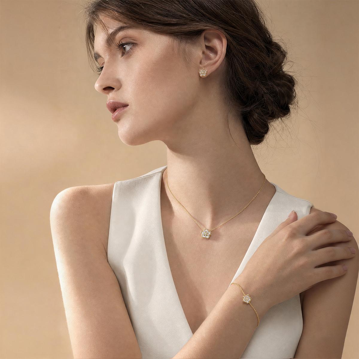 Delzzad The Bloom Sonata Set Flower Stud Earrings Blossom Necklace Flower Bracelet Zirconia Jewelry Set Copper