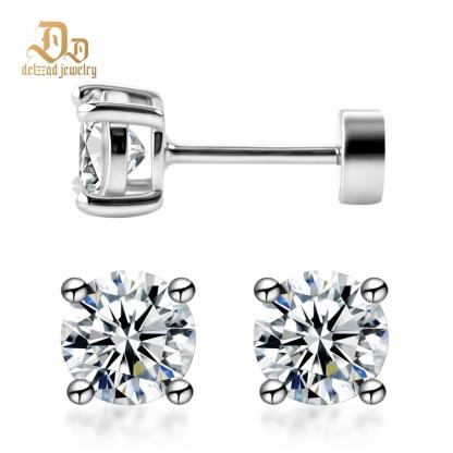 Parallel Dream Solitaire Four-Prong Stud Earrings Flat Back Earrings Screw-on Synthetic Moissanite Earrings Jewelry S925 Sterling Silver Studs